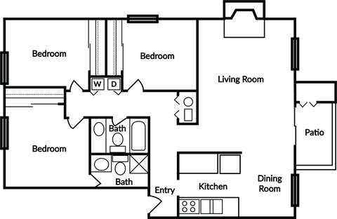 Floor plan for 3 beds, 2 baths, 1400 sqft